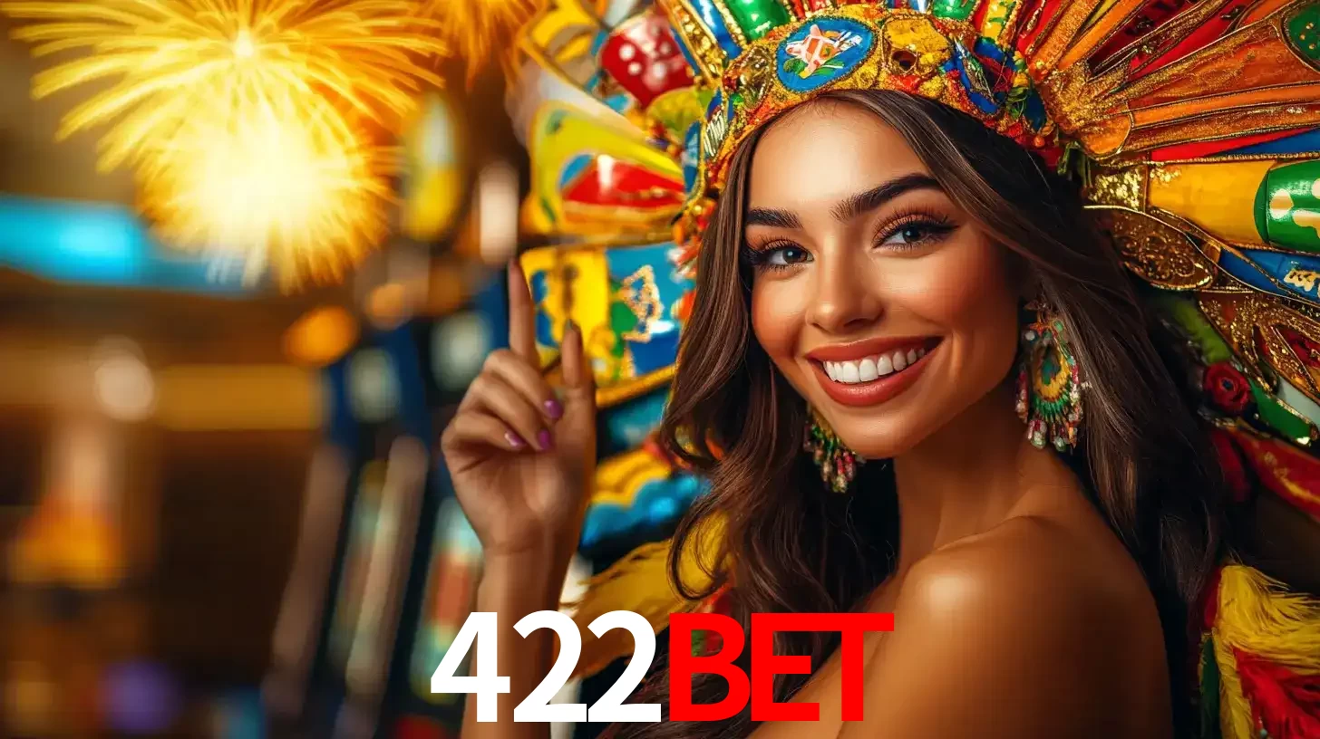 Mulher sorridente com um cocar de carnaval vibrante e colorido, celebrando uma grande vitória nos jogos do cassino 422bet com fogos de artifício ao fundo.