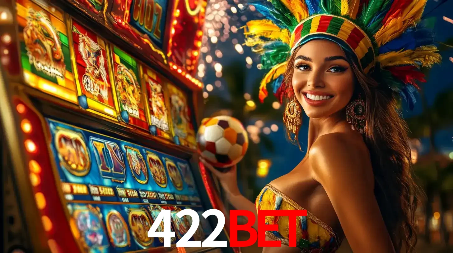 Mulher com um cocar de carnaval ao lado de uma máquina de caça-níqueis enquanto segura uma bola de futebol, mostrando a união da diversão de cassino e esportes no 422bet.