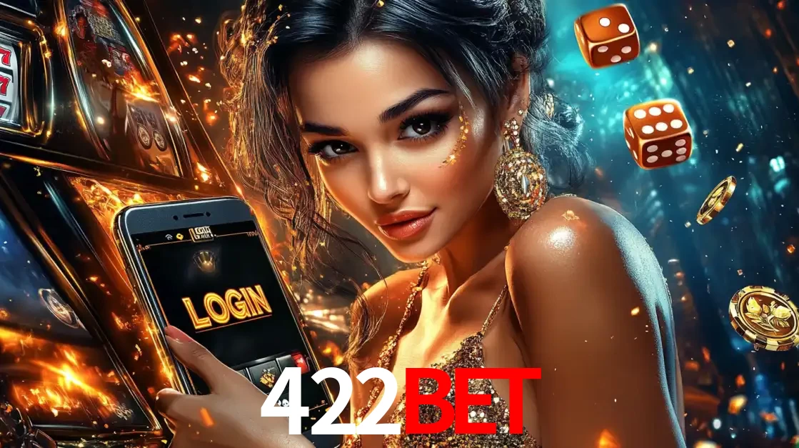 Mulher glamourosa segurando um celular com a tela de login do cassino 422bet, rodeada por dados e moedas douradas, pronta para começar a diversão.