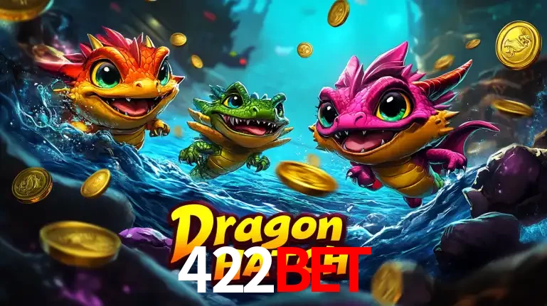 Arte promocional do jogo Dragon Hatch com três adoráveis dragões bebês nadando entre moedas de ouro, um dos slots mais divertidos para jogar no cassino 422bet.