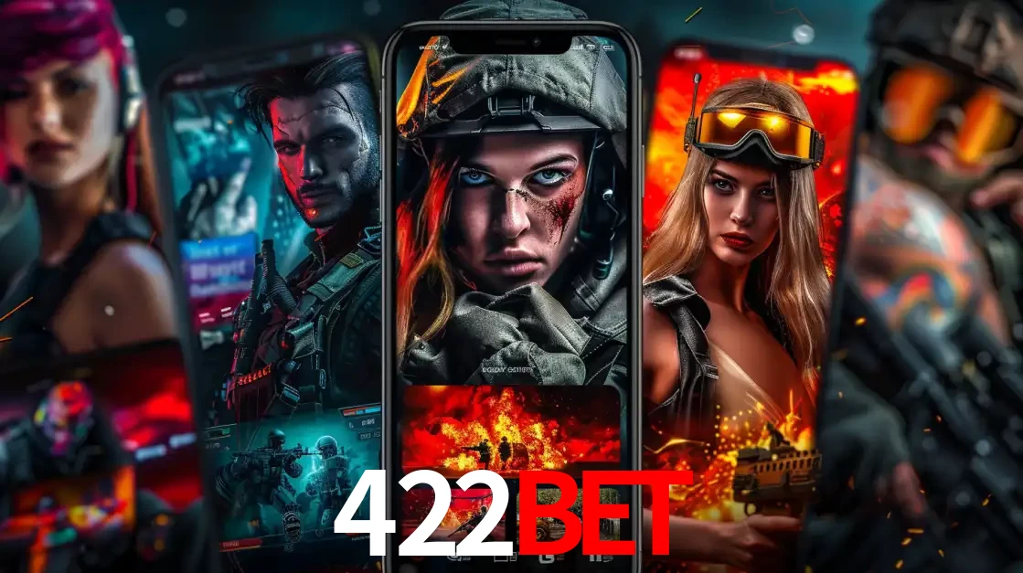 Montagem de telas de celular mostrando diversos personagens, masculinos e femininos, de um jogo de tiro, ilustrando a diversidade de equipes de e-sports para apostar no 422bet.