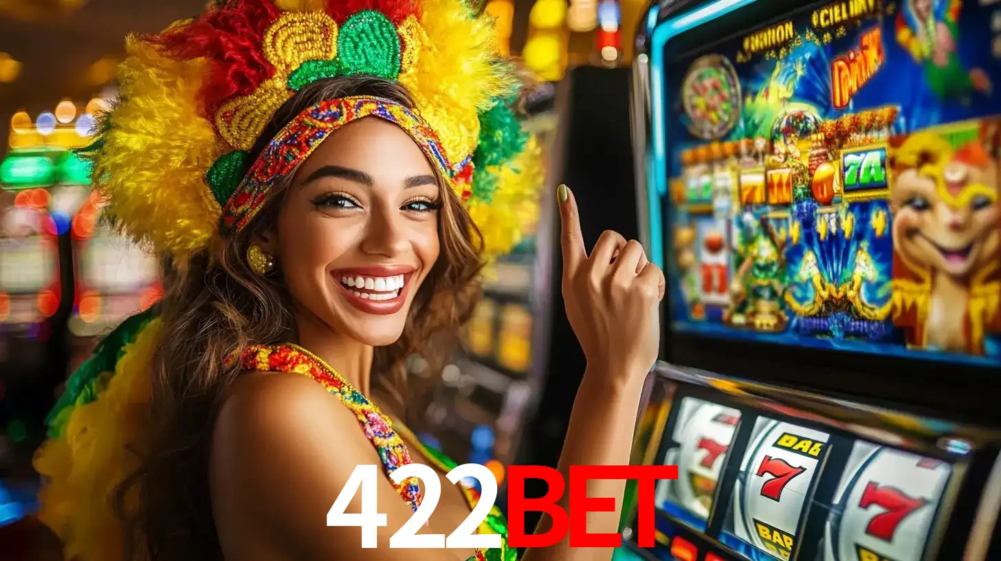 Mulher animada com um cocar de carnaval apontando para uma máquina de caça-níqueis, mostrando a emoção de ganhar um grande prêmio nos jogos do 422bet.
