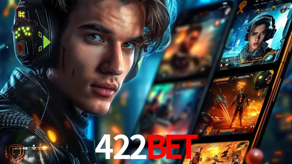 Jovem jogador com fones de ouvido olhando para a câmera, com um aplicativo de jogos e e-sports para celular ao fundo, pronto para a competição e apostas no 422bet.