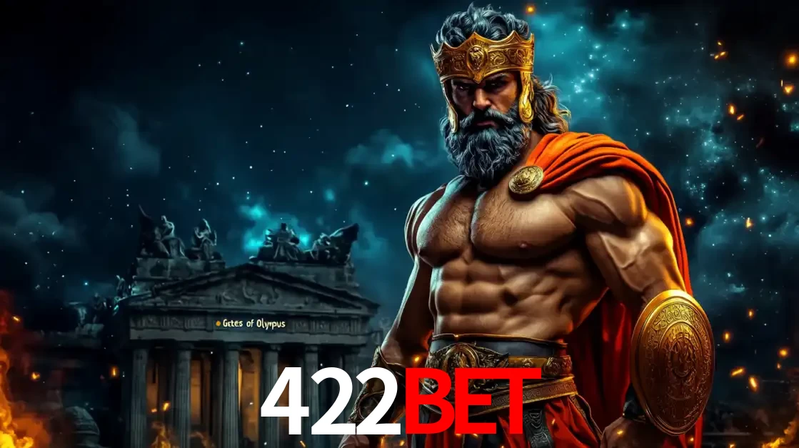 O poderoso Zeus do jogo de slot Gates of Olympus em frente ao seu templo, pronto para lançar multiplicadores divinos e prêmios épicos no cassino online 422bet.