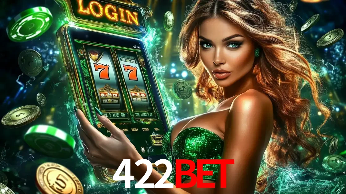 Mulher com tema verde apresentando o aplicativo do cassino 422bet com um jogo de slot de 777, cercada por fichas de cassino e uma aura de sorte.