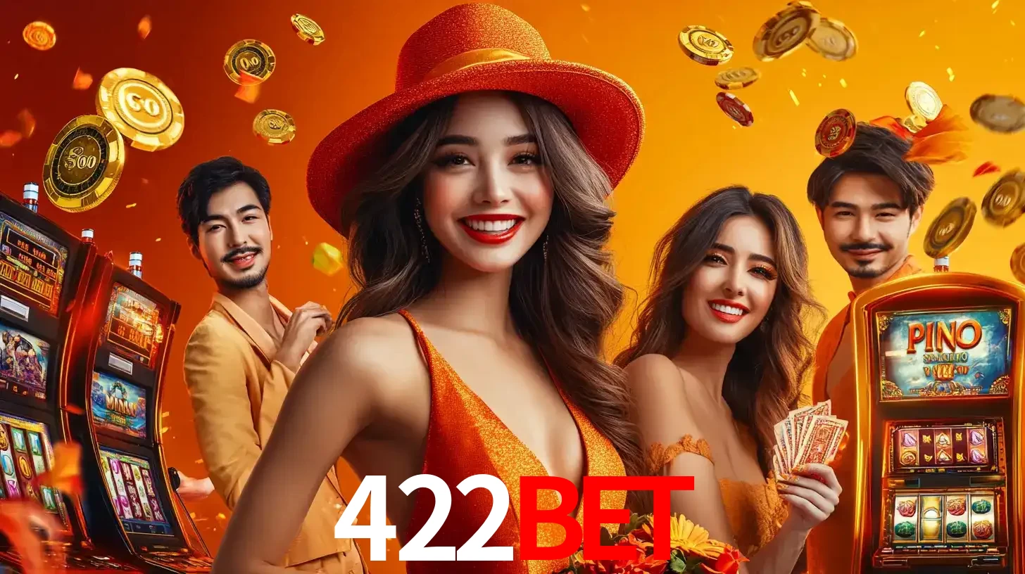 Grupo de amigos asiáticos sorrindo e se divertindo com máquinas de caça-níqueis em um ambiente festivo, celebrando suas vitórias nos jogos de cassino do 422bet.