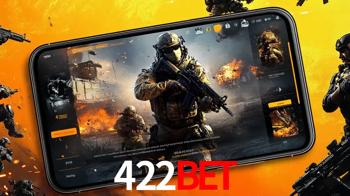 Um smartphone exibindo a interface de um jogo de tiro em primeira pessoa, com um soldado em um cenário de batalha, representando a ação dos e-sports para apostar no 422bet.