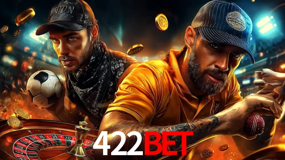 Montagem de apostas esportivas e cassino no 422bet, com um homem segurando uma bola de futebol e outro uma de beisebol sobre uma roleta e moedas voadoras.