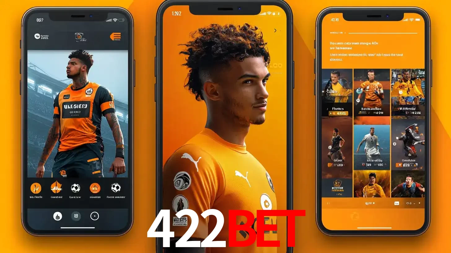 Interface do aplicativo de apostas esportivas 422bet em três telas de celular, mostrando o perfil de um jogador de futebol e a lista de jogos disponíveis para apostar.