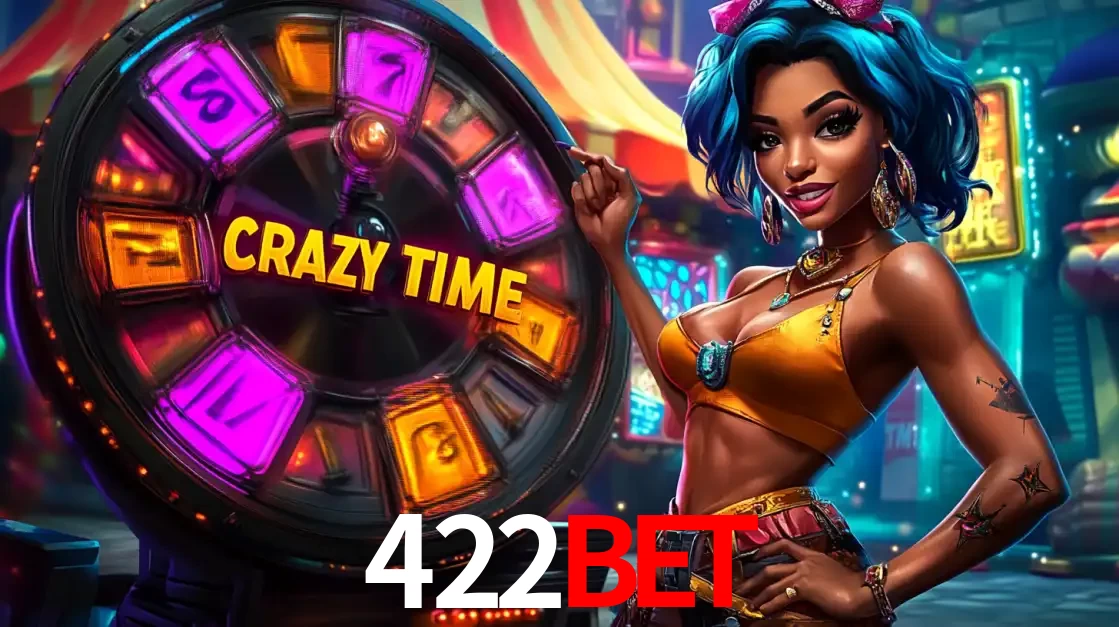 Mulher estilizada com cabelo azul e visual vibrante posando ao lado da roda de prêmios do game show Crazy Time, convidando para a diversão e os bônus do cassino 422bet.
