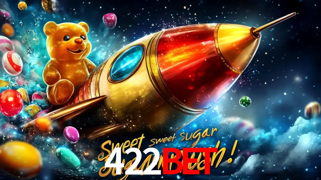 Arte promocional do jogo de slot Sugar Rush, com um urso de pelúcia em um foguete viajando pelo espaço de doces, um dos jogos divertidos disponíveis no cassino 422bet.