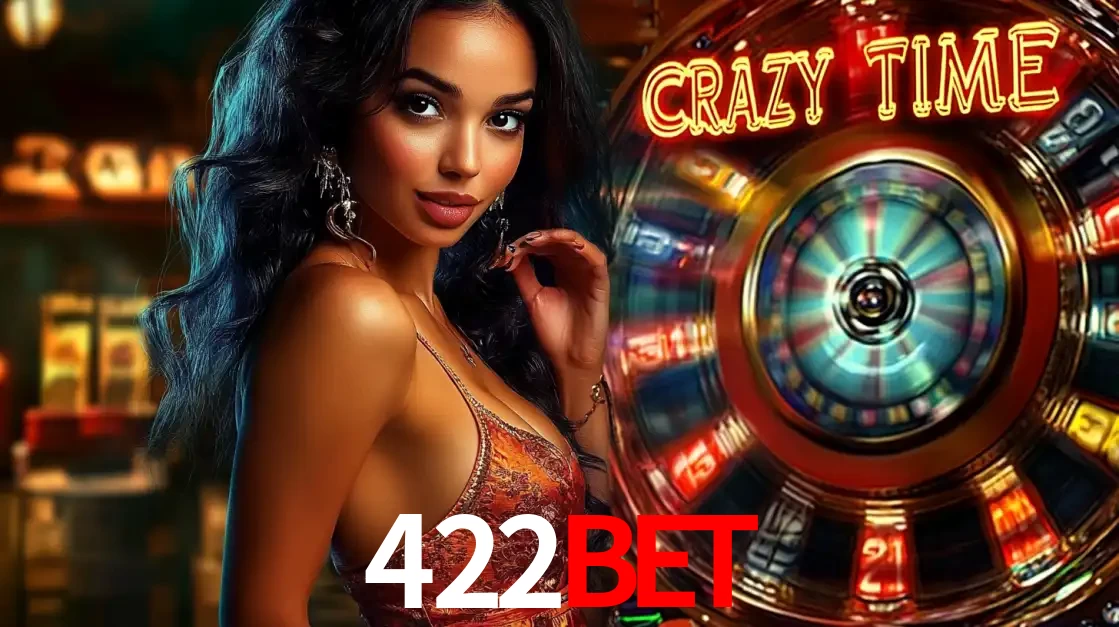 Mulher elegante ao lado da vibrante roda da fortuna do jogo de cassino ao vivo Crazy Time, um dos game shows mais populares e cheios de prêmios do 422bet.