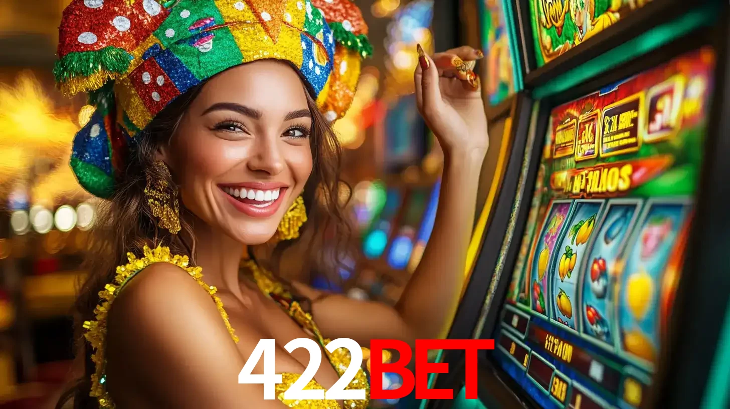 Mulher feliz com traje de carnaval amarelo e colorido ao lado de uma máquina de caça-níqueis, aproveitando a diversão e os jogos temáticos do cassino 422bet.