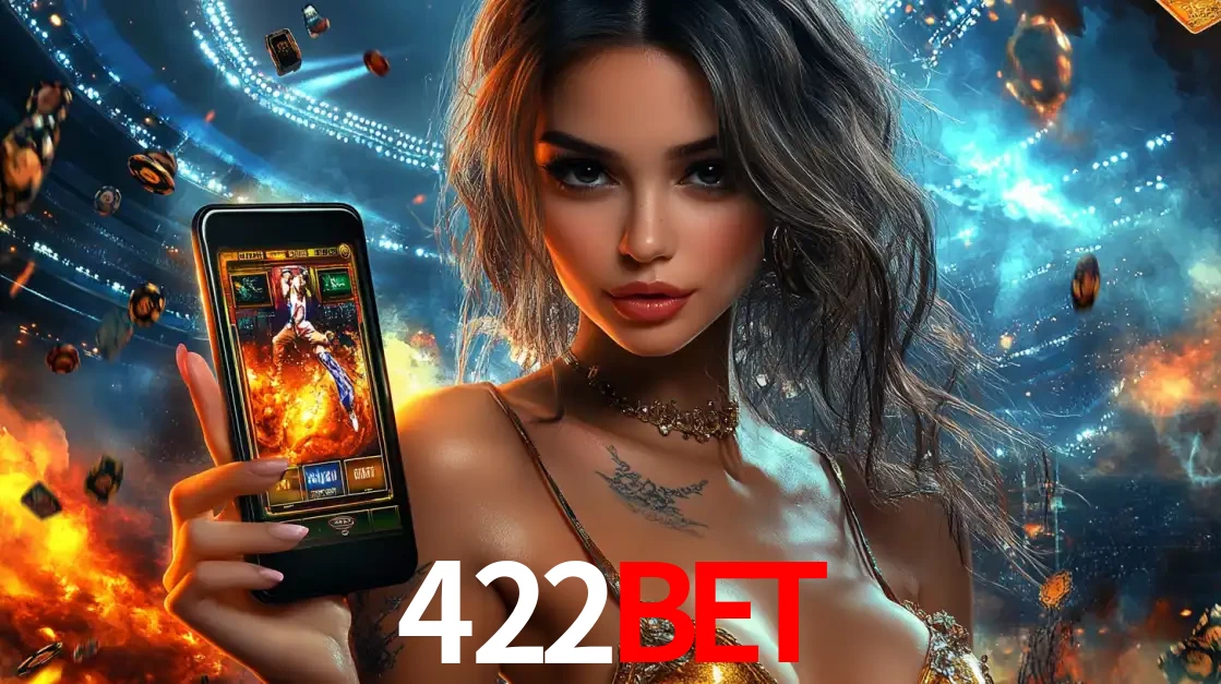 Mulher segurando um celular com um jogo de slot em destaque, tendo como fundo um estádio vibrante, simbolizando a emoção de jogar no cassino móvel 422bet.