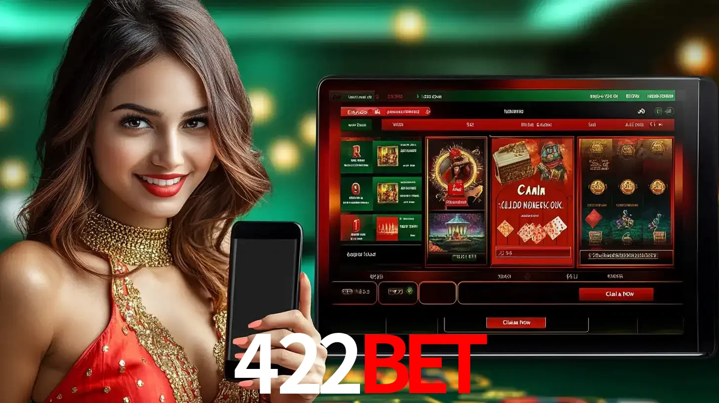 Mulher sorridente segurando um smartphone, ao lado de uma tela exibindo o lobby de jogos do cassino online 422bet, com várias opções de jogos de cartas e slots.
